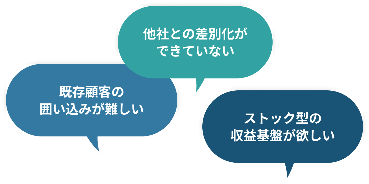 既存顧客の囲い込みが難しい／他社との差別化ができていない／ストック型の収益基盤が欲しい